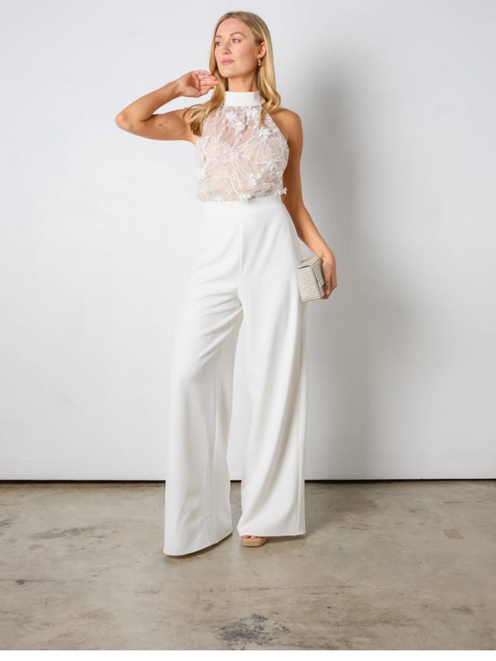Vestique High-Waist Wide-Leg White Jumpsuit bridal